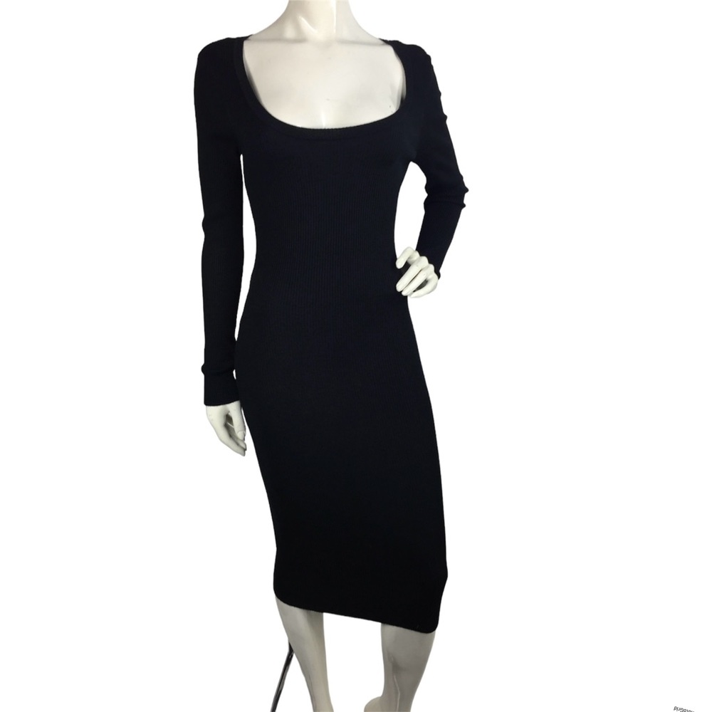 Fora Midi Ribbed Fitted Sweater Dress Scoop Neck Black M